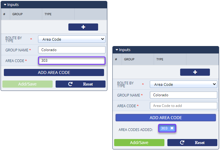 On the left, the "Area Code" Route by Type was selected and secondary fields appear in the Inputs section, and on the right an area code has been added